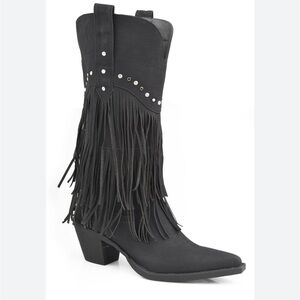 Roper Ladies Oakley Biker Western Boot Fringe Rhinestone Festival Moto Black 8.5